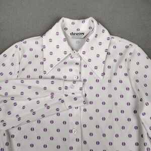 Vintage 70s Disco Shirt Women M/L White Purple Eye Dagger Collar Thin Dacron Mod